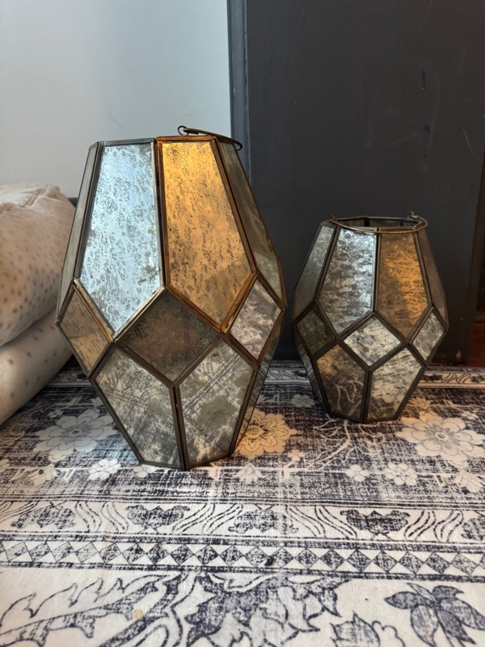 Antique Brass Mercury Glass Geometric Lantern - Set of 2